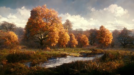 Idyllic landscape in autumn with forest and sun, 3d illustration.