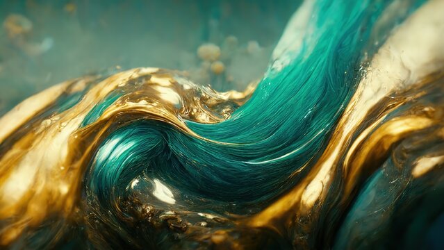 Luxury abstract background waves gold and turquoise color. 3d illustration.