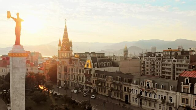 Batumi, Georgia - 8th august, 2022: aerial scenic view popular tourist destination Batumi summer resort landmarks. Astrological tower, europe square, casino buildings and hotels