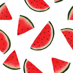 Watercolour Tropical Fruit Red Watermelon Slice design Seamless Pattern on white background. Hand Drawing repeat Summer Fruit , blue branch leaves. Vector Illustration