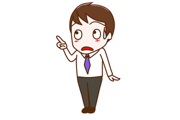 （全身斜め）斜め上の方を指差し汗をかいて驚いた表情をしている男性