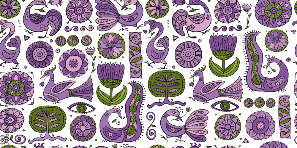 Poster magic fantasy birds and flowers. vintage seamless pattern background for your design. vector illustr