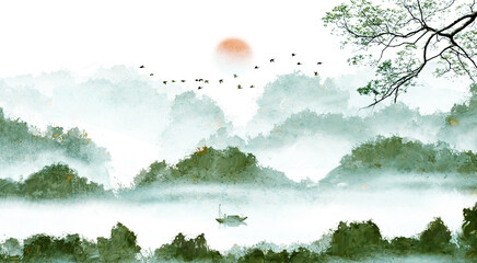 peaceful spring Chinese painting of mountains and rivers Clouds and pines High mountains of China