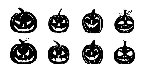 A set of black and white vector Jack pumpkins for Halloween. Isolates on a white background for icons, decorations