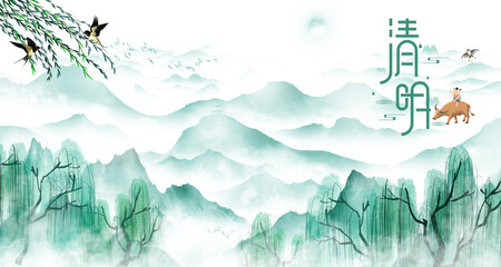 peaceful spring Chinese painting of mountains and rivers Clouds and pines High mountains of China