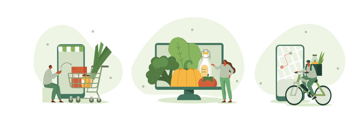 Grocery food delivery illustration set. Character buying online fresh organic vegetables and grocery items, putting in shopping basket or trolley and receiving delivery. Vector illustration.