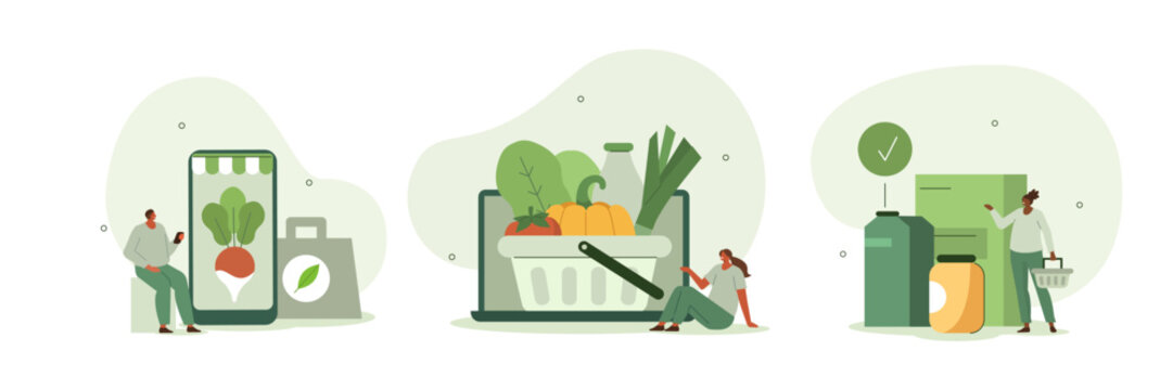 Grocery food shopping illustration set. Character buying online on laptop and smartphone fresh organic vegetables and grocery items, putting in shopping basket or trolley. Vector illustration.