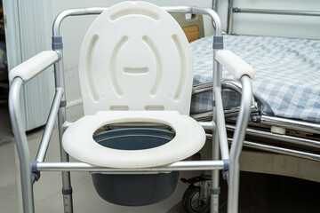 Flush toilet and shower chair in bathroom for old elder people.