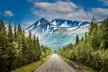 Fotobehang Denali Railroad to Denali National Park, Alaska with impressive mountains.
