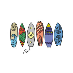 Surf boards collection, tribal ornaments for your design. Vector illustration