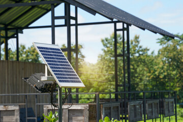 Solar cells that villagers have installed for use at the garden house, where there is no electricity. Concept use of renewable energy and conservation of energy and environment