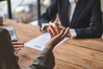 HR manager interviewing job applicants Successful job interviews work history Recruiters or managers and job applicants with in-office resumes.