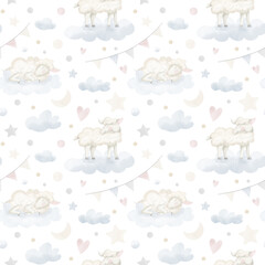 Baby seamless Pattern with little cute Lamps and blue clouds. Hand drawn watercolor background with Sheep and stars in pastel beige colors. Print for boy or girl textile and fabric © Alisles