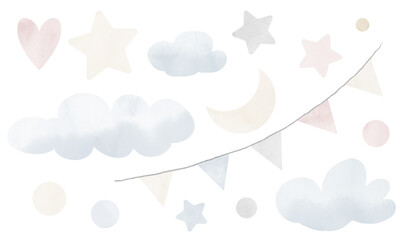 Sky watercolor set in Pastel beige and blue colors. Hand drawn cute Stars and Clouds. Pink Heart. Illustration for nursery. Design for boy or girl