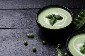Fresh and Vibrant: Green Peas Bursting with Flavor on a Beautifully Set and tasty soup on Table