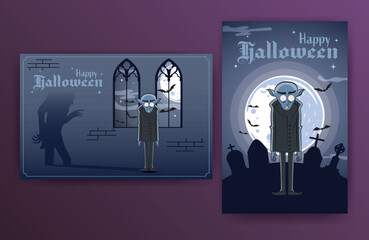 Halloween flyer classic vampire in the castle, Halloween party invitation Nosferatu cartoon, happy Halloween poster, creepy vampire shadow, - obrazy, fototapety, plakaty