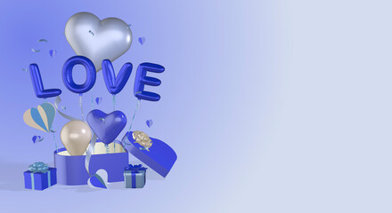 3D render rendered gift boxes heart balloons ribbon bows balloon love text suitable for valentines day birthday or anniversary