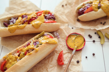Unleash Your Hunger: Mouthwatering Hot Dog on the Table, the Perfect Treat for Any Time of Day