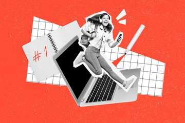 Poster collage of cool crazy school girl jumping over netbook using web study apps isolated on...