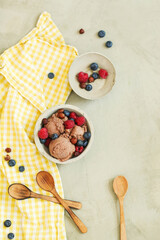 Summer's Delight: Fruit Ice Cream with Raspberry and Blackcurrant, Served in a Bowl to Indulge Your Sweet Tooth