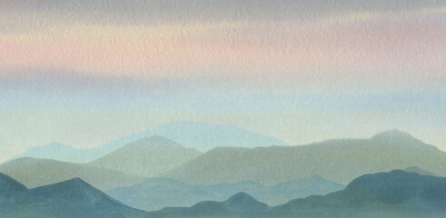 Watercolor drawing with mountains. abstract background, mountain landscape illustration.