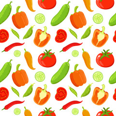 Vector seamless pattern with autumn vegetables harvest. Colorful background with organic healthy food for vegetarian diet.For design fabric, kitchen textile, wallpaper, wrapping paper and dishes decor
