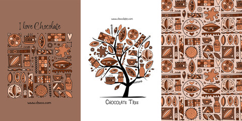 Chocolate, cacao and sweets - concept arts collection. Frame, pattern, tree. Set for your design project - cards, banners, poster, web, print, social media, promotional materials. Vector illustration