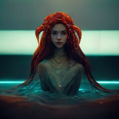 Mermaid Digital illustration. Red-haired mermaid girl, mystical dark style.