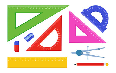 Tools for geometry lessons vector illustrations set. Instrument for elementary school students, triangles, rulers, protractor isolated on white background. Geometry, stationery, education concept