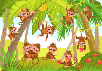 Cute monkeys in jungle. Cartoon tropical animal characters in rainforest. Wild exotic fauna. Marmosets hanging on vines. Macaques eating fruits. Forest foliage. Splendid vector concept