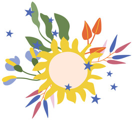 Fototapeta premium Bright sun with flowers, colorful leaves, berry. Magical illustrations for your as creating card, banner, birthday and other holidays. Vector