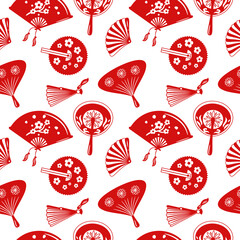 Fototapeta premium Hand fans seamless pattern. Red silhouette oriental fashion paper accessories. Culture antique objects. Different Chinese designs items. Traditional souvenirs. Garish vector background