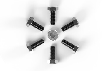 Six screws and a nut, isolated on white. 3D Render