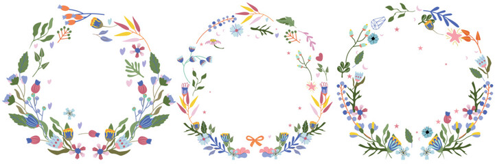 Bright wreath with flowers, colorful leaves and stars around. Floral collections. Magical illustrations for your as creating card, banner, birthday and other holidays. Vector.