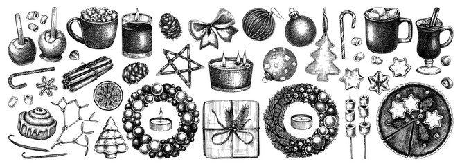 Christmas decoration - wreaths, gifts, sweets, Christmas tree decor, hot drinks and spices sketches. Vintage design elements for winter holyday. Black and white. New Year greeting card or invitation.