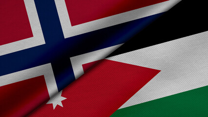 3D Rendering of two flags from Kingdom of Norway and Kingdom of Jordan together with fabric texture, bilateral relations, peace and conflict between countries, great for background