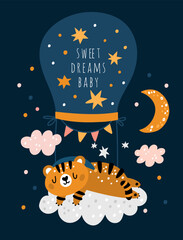 Fototapeta na wymiar Sleeping baby animal card. Happy tiger slumbering and lying on cloud. Night relaxation. Hot air balloon. Crescent and stars in sky. Napping mammal cub in nightcap. Vector sweet dream poster