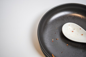 spoon and fork on black plate on white background