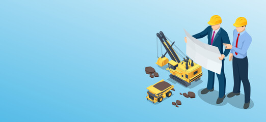 Isometric mining quarry, mine with large quarry dump truck and power shovel. Coal mine. High-mining industry. Builders Looking at Plan.