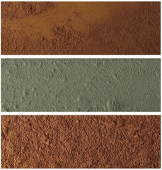 Set cinnamon ground, organic powder lemongrass and nutmeg minced background and texture, top view