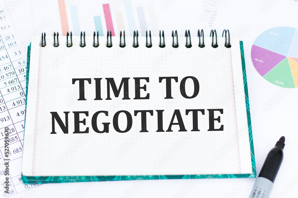 Poster time to negotiate text on a notepad in front of an office desk