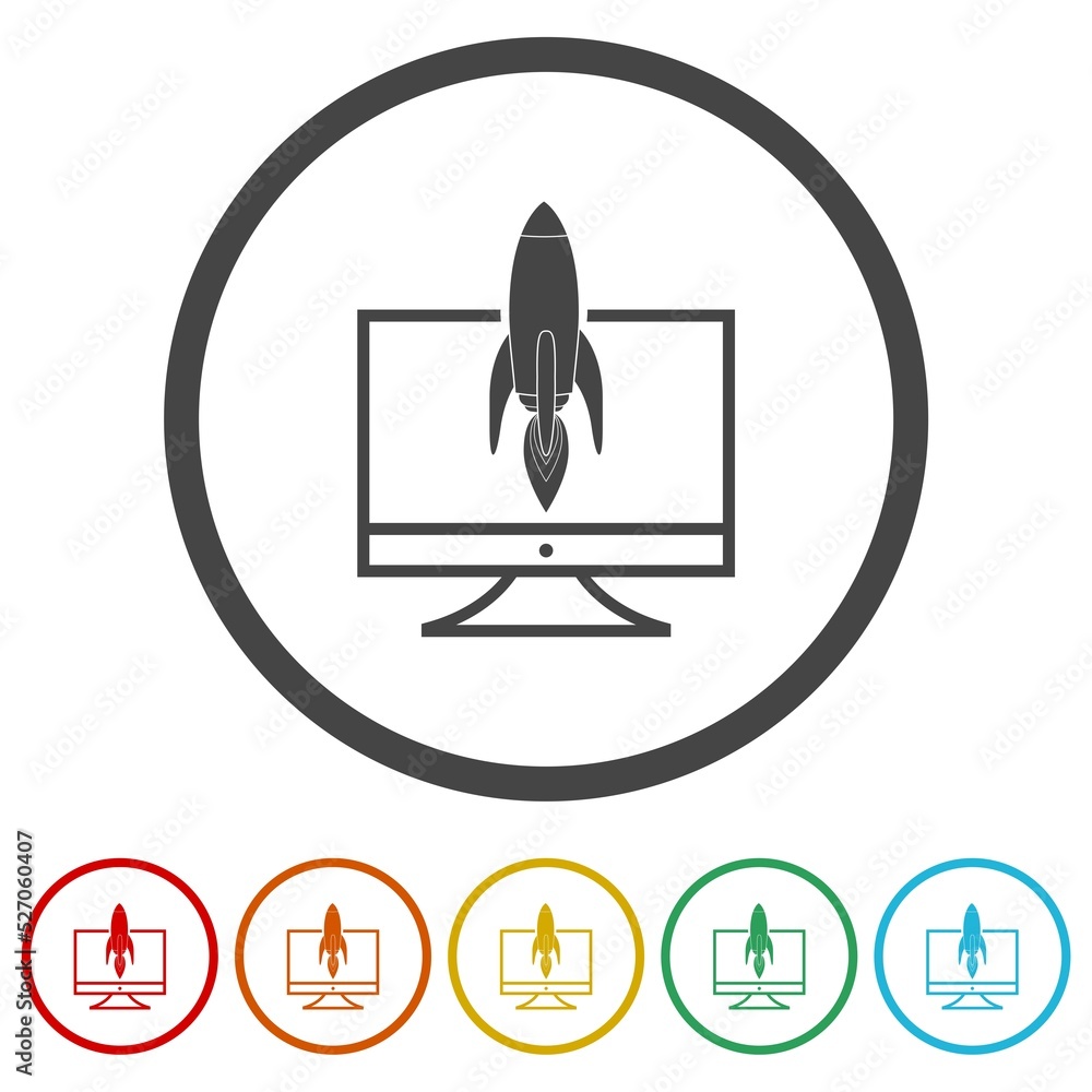 Poster monitor with rocket logo design. set icons in color circle buttons