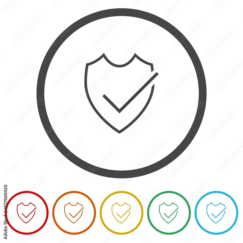 Poster shield with check mark icon isolated on white background. set icons in color circle buttons