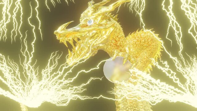 Golden china dragon grab crystal ball and moving trough the many thunder lightnings , 3d modeling animation.
