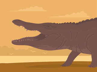 Crocodile with open mouth. Aquatic carnivorous reptile. Toothy alligator and caiman. Predator hunter of Africa. Big animal on the river bank. Wild sunset landscape. Flat vector color illustration