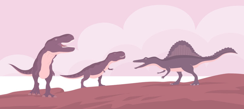 Two tyrannosaurus rex vs big spinosaurus with fin. Pangolin fight. Predators on the hunt. Carnivorous lizard of the Jurassic period. Wild landscape. Cartoon vector illustration © Mikhail Ognev