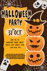 Halloween party poster with three orange pumpkins illustrations. Halloween symbol. Vector design for banner, website, poster, greeting card.