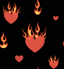 Seamless pattern in flat style. Heart on fire and flames on an isolated black background. Flat red heart licked with flames. Collection of prints for t-shirt or fashion fabric, textile, wallpaper