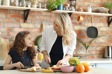 Mother and Daughter Enjoying Breakfast Together on a Sunny Morning
