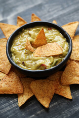 A Bowl Filled With Guacamole and Tortilla Chips